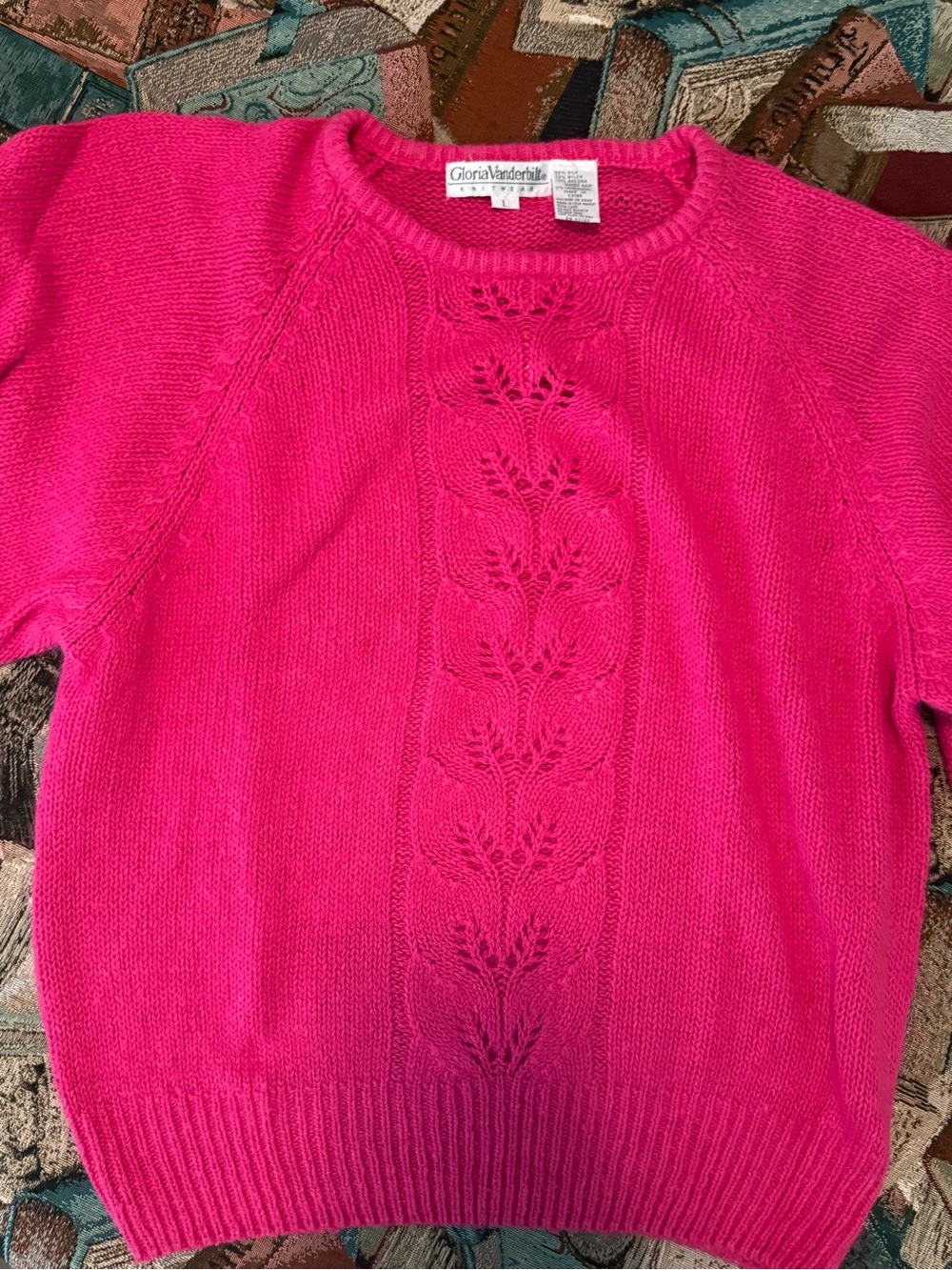 Gloria Vanderbilt Bright Pink Crewneck Cable-Panel Sweater VTG